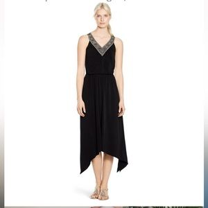 White House Black Market Black Gold Embroidered V-Neck Dress Medium